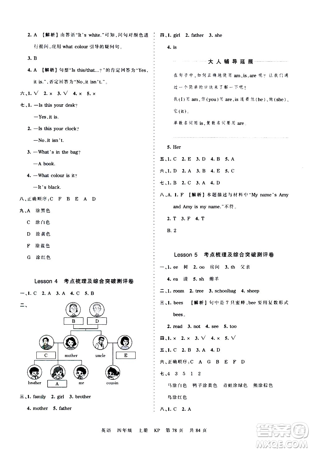 江西人民出版社2020秋王朝霞考點(diǎn)梳理時習(xí)卷英語四年級上冊KP科普版答案