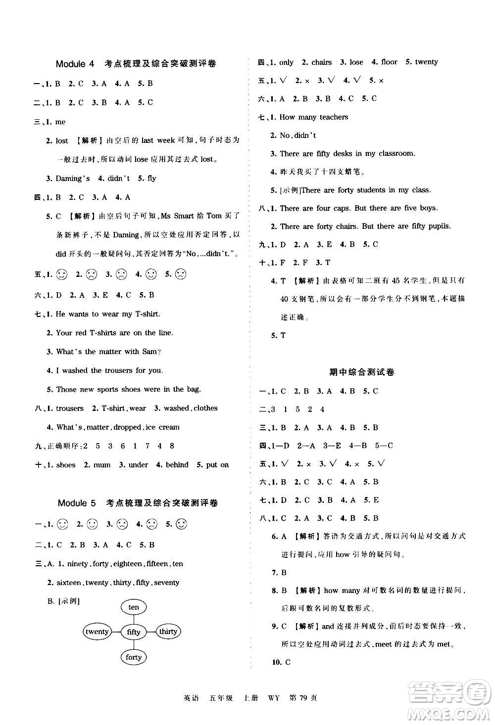 江西人民出版社2020秋王朝霞考點梳理時習(xí)卷英語五年級上冊WY外研版答案