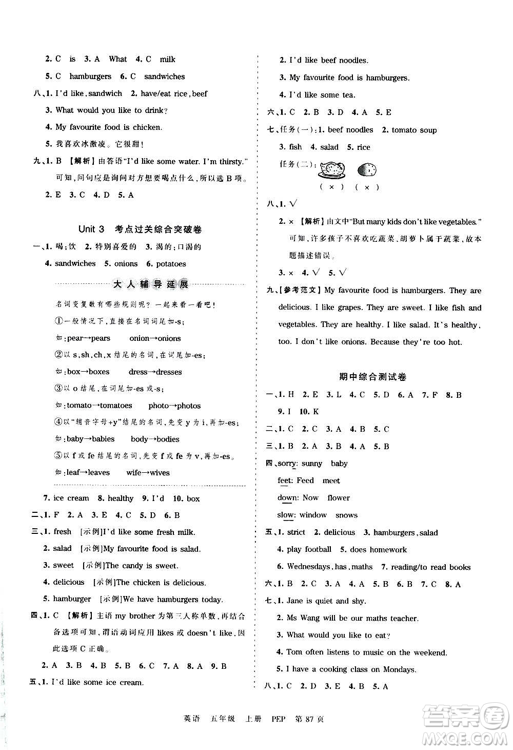 江西人民出版社2020秋王朝霞考點(diǎn)梳理時(shí)習(xí)卷英語(yǔ)五年級(jí)上冊(cè)PEP人教版答案