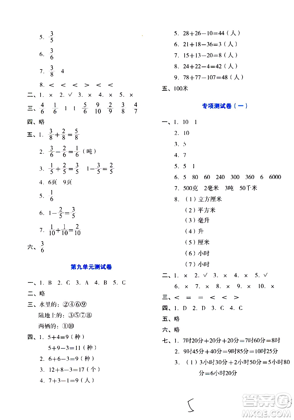 湖南教育出版社2020湘教考苑單元測試卷數(shù)學三年級上冊人教版答案