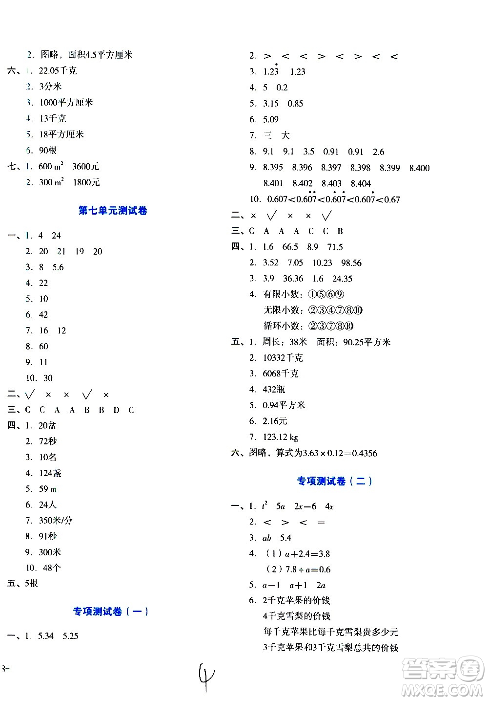 ?湖南教育出版社2020湘教考苑單元測試卷數(shù)學(xué)五年級上冊人教版答案