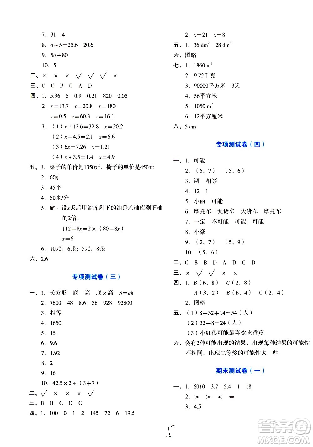 ?湖南教育出版社2020湘教考苑單元測試卷數(shù)學(xué)五年級上冊人教版答案