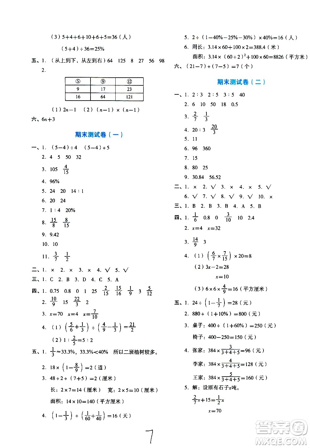 ?湖南教育出版社2020湘教考苑單元測(cè)試卷數(shù)學(xué)六年級(jí)上冊(cè)人教版答案