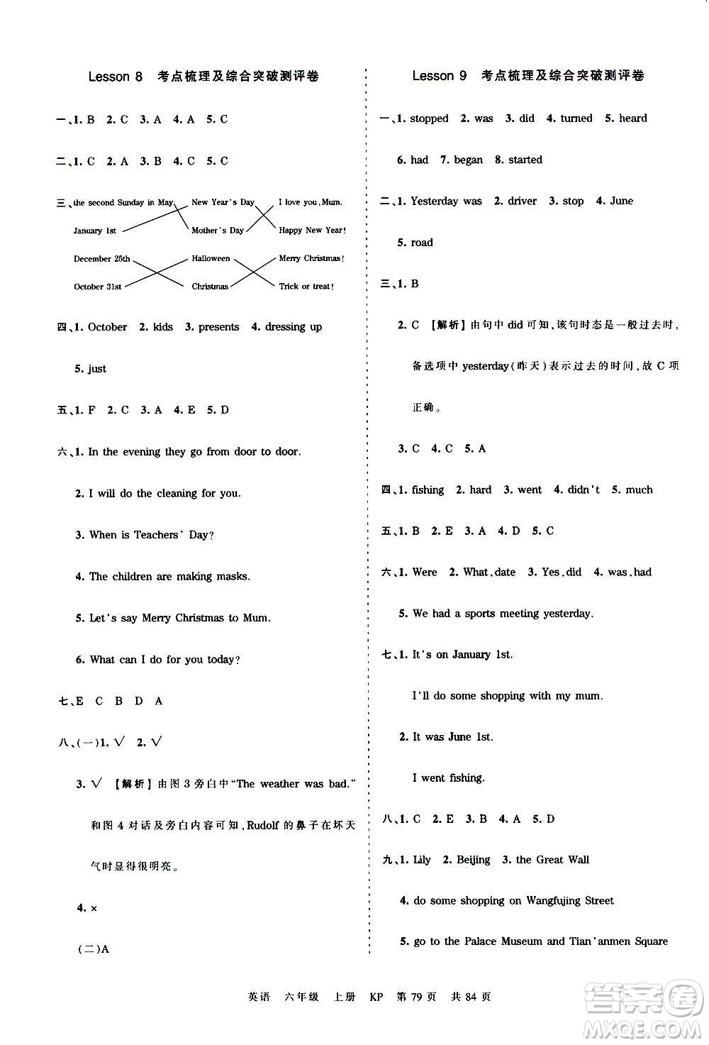 江西人民出版社2020秋王朝霞考點(diǎn)梳理時(shí)習(xí)卷英語(yǔ)六年級(jí)上冊(cè)KP科普版答案