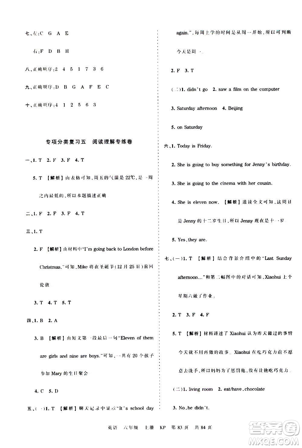 江西人民出版社2020秋王朝霞考點(diǎn)梳理時(shí)習(xí)卷英語(yǔ)六年級(jí)上冊(cè)KP科普版答案