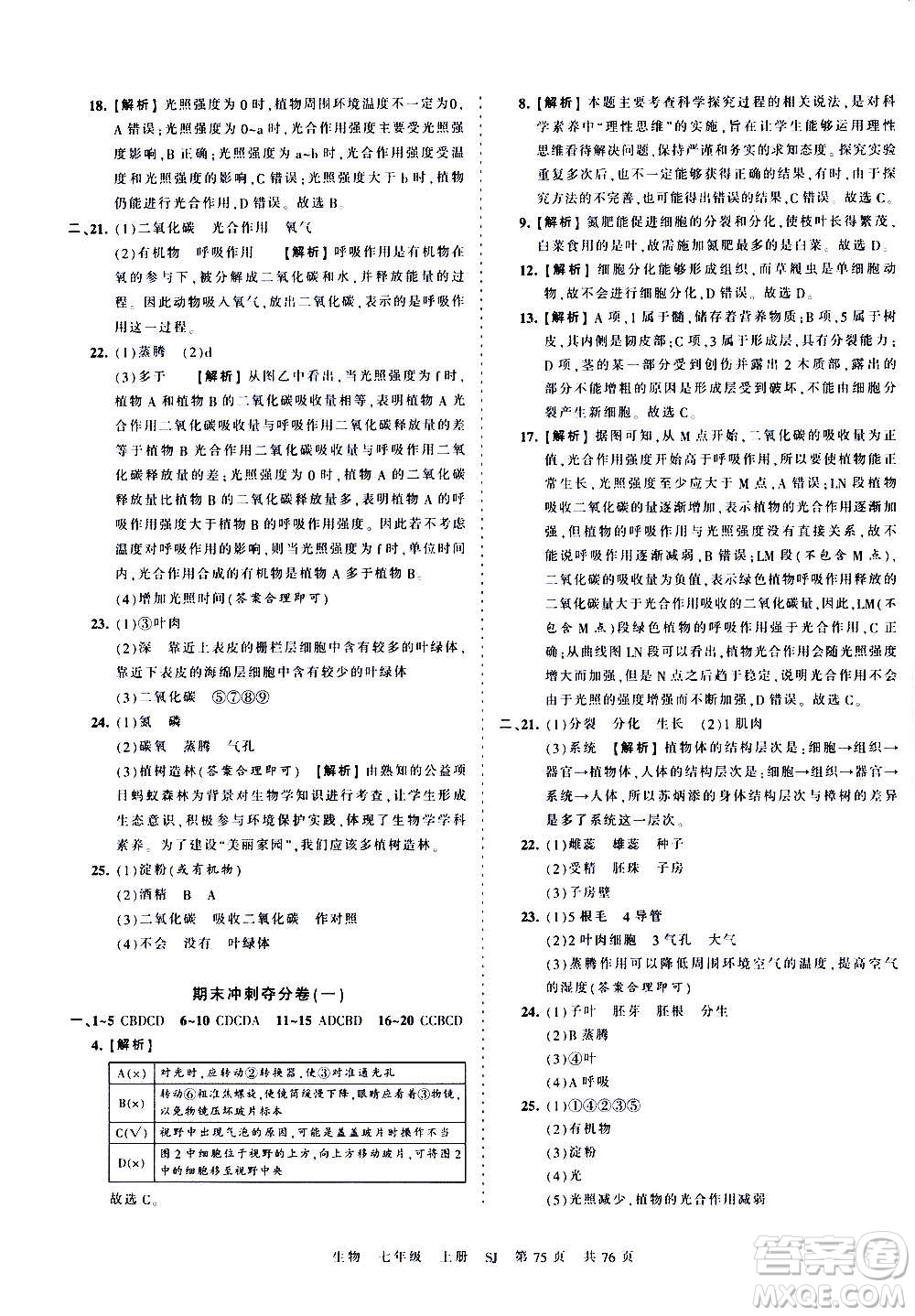 江西人民出版社2020秋王朝霞考點梳理時習卷生物七年級上冊SJ蘇教版答案