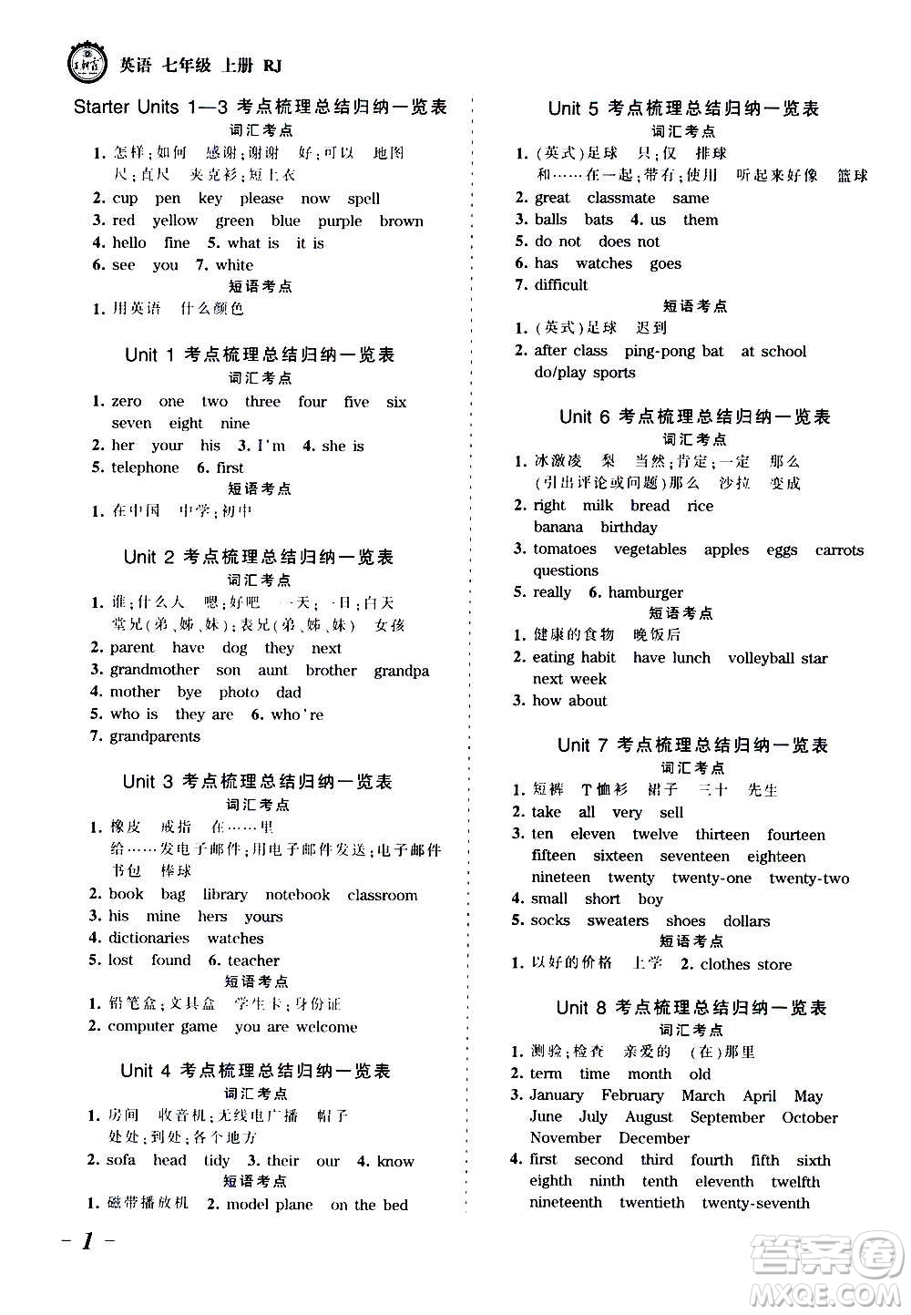 江西人民出版社2020秋王朝霞考點(diǎn)梳理時(shí)習(xí)卷英語(yǔ)七年級(jí)上冊(cè)RJ人教版答案