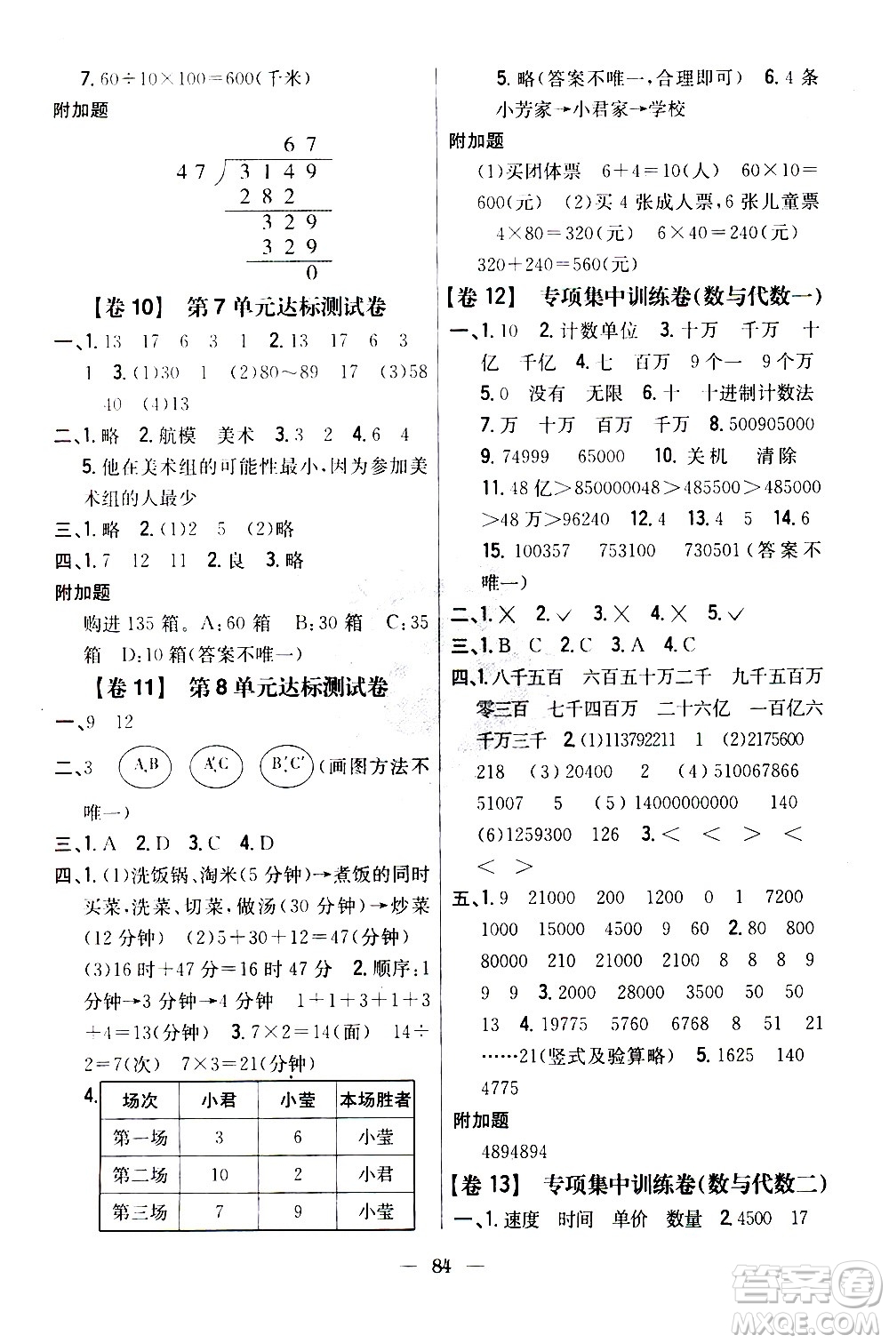 吉林人民出版社2020小學(xué)教材完全考卷四年級(jí)數(shù)學(xué)上冊(cè)新課標(biāo)人教版答案