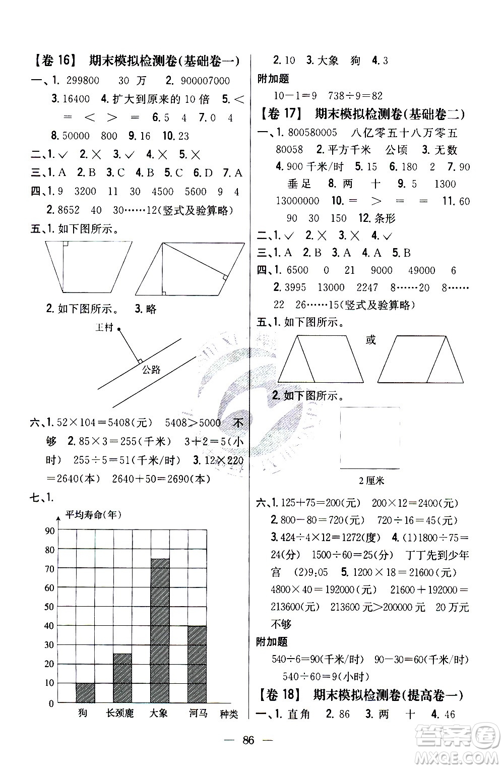 吉林人民出版社2020小學(xué)教材完全考卷四年級(jí)數(shù)學(xué)上冊(cè)新課標(biāo)人教版答案