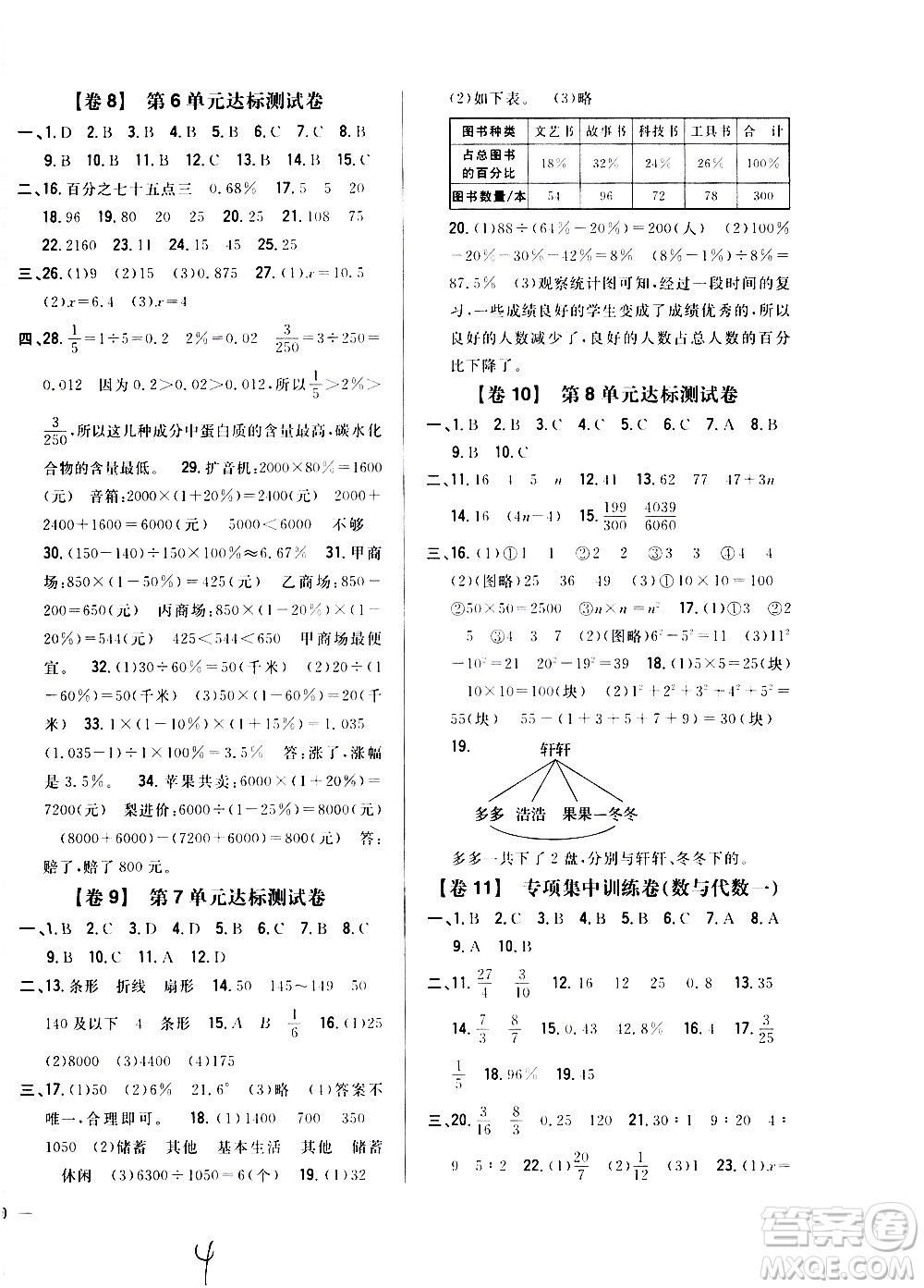 吉林人民出版社2020小學教材完全考卷六年級數(shù)學上冊新課標人教版福建專版答案