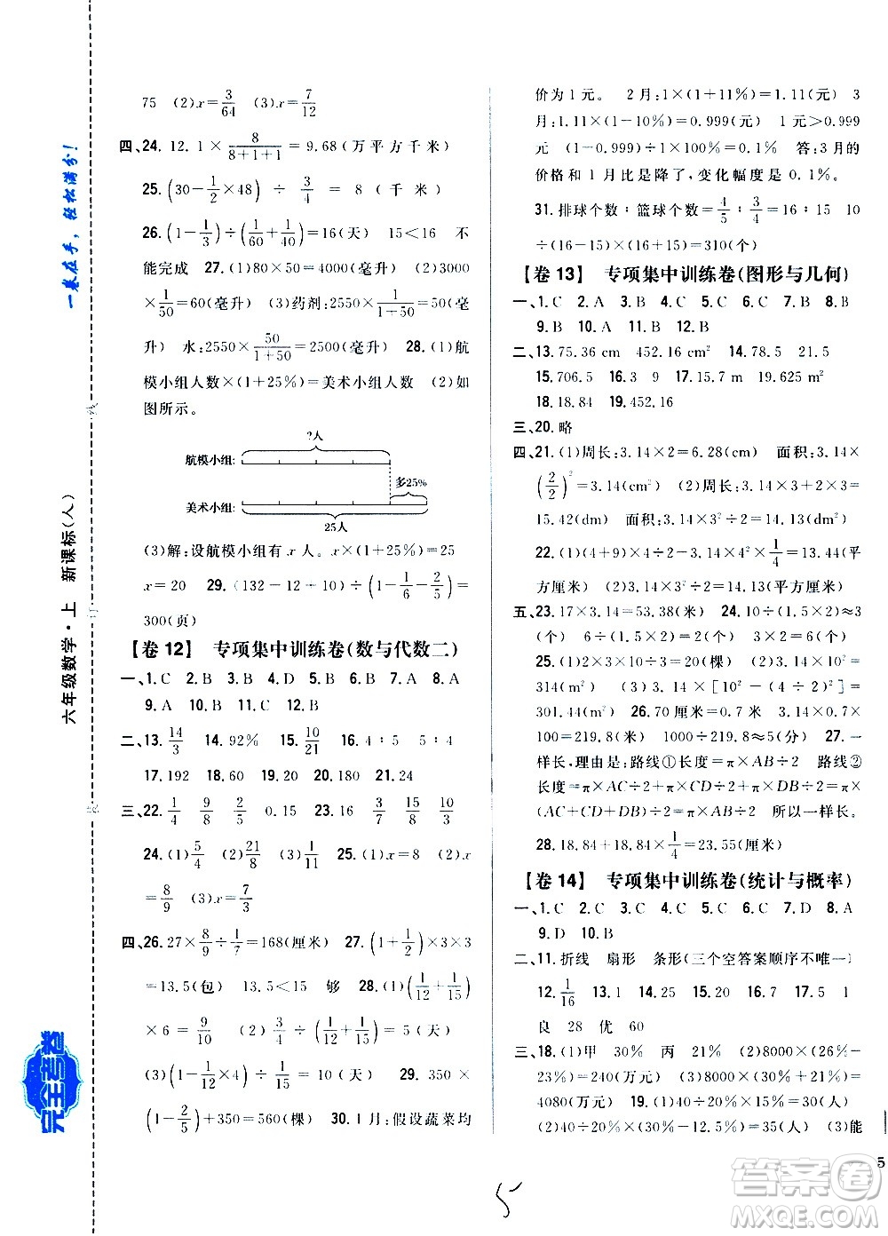 吉林人民出版社2020小學教材完全考卷六年級數(shù)學上冊新課標人教版福建專版答案