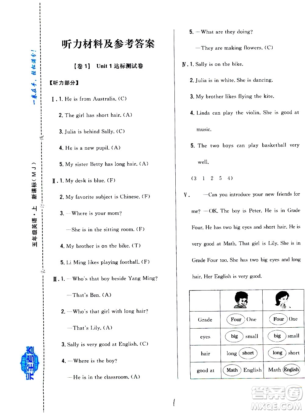 吉林人民出版社2020小學(xué)教材完全考卷五年級英語上冊新課標(biāo)人教版福建專版答案