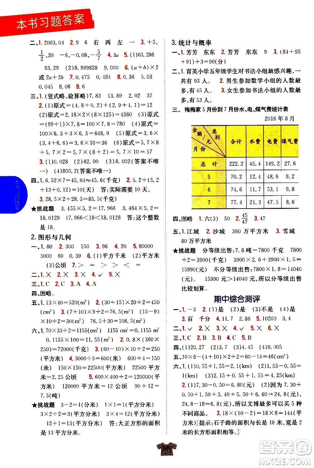 吉林人民出版社2020小學(xué)教材完全解讀五年級數(shù)學(xué)上冊新課標(biāo)江蘇版答案