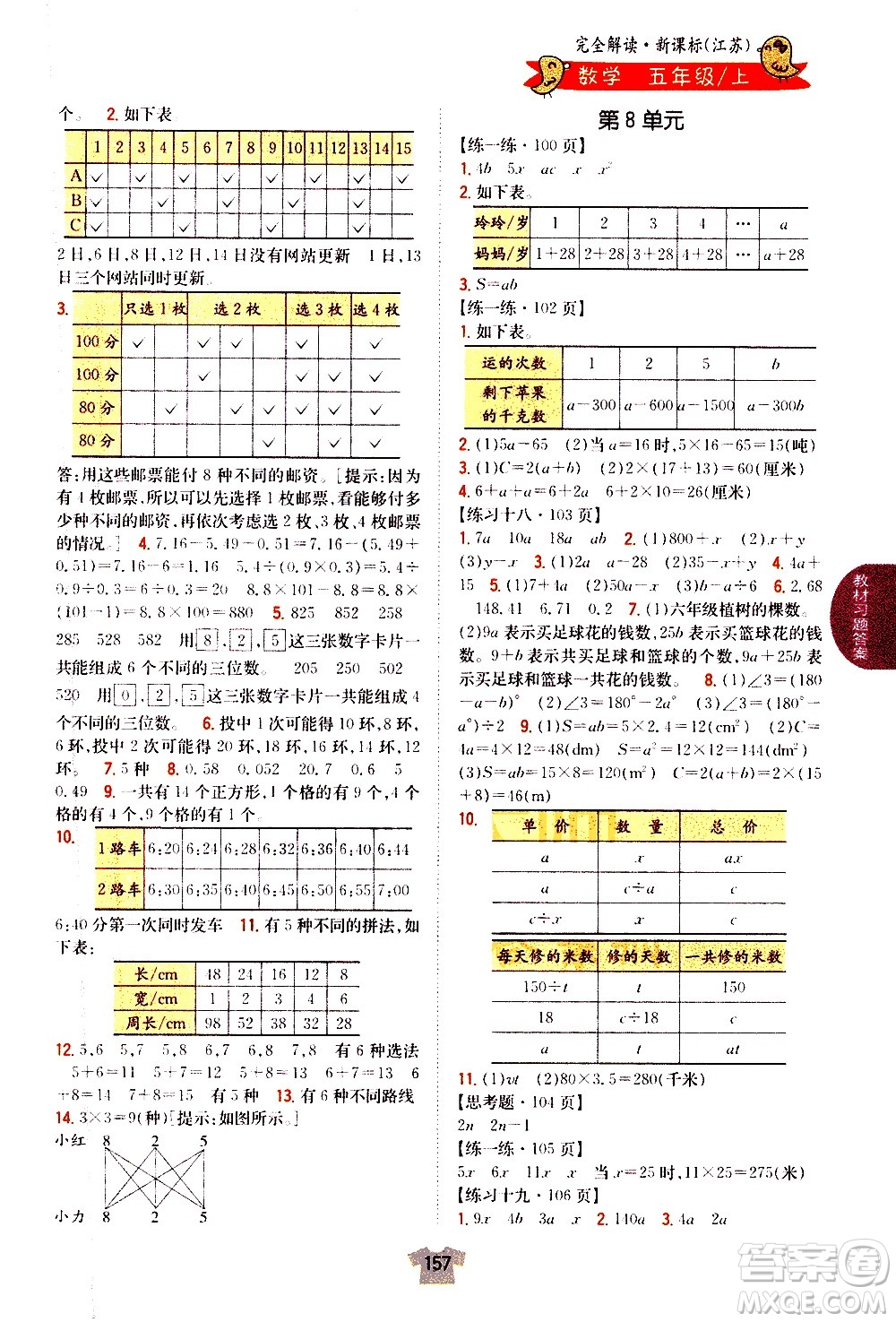 吉林人民出版社2020小學(xué)教材完全解讀五年級數(shù)學(xué)上冊新課標(biāo)江蘇版答案