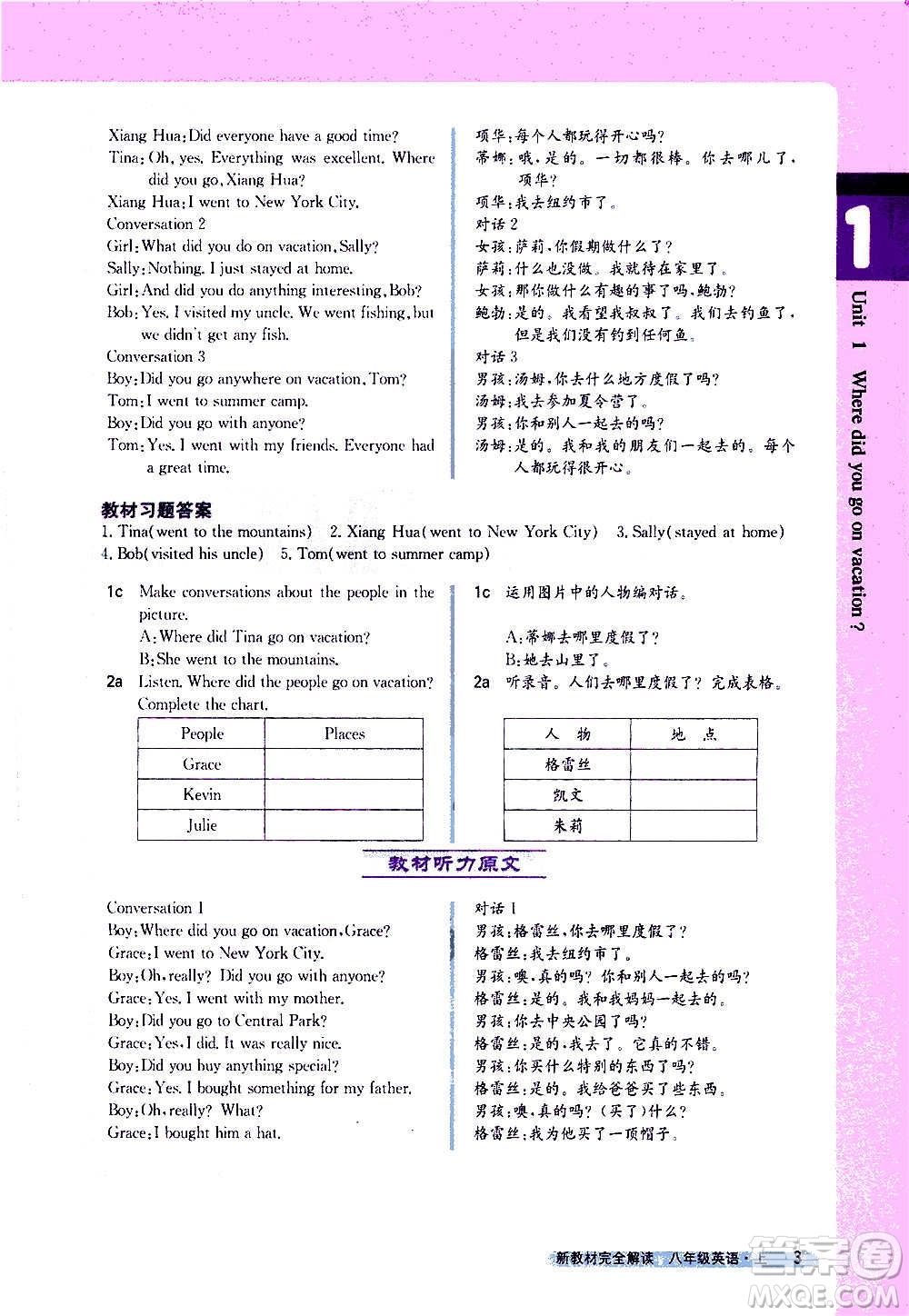 吉林人民出版社2020新教材完全解讀英語八年級上冊人教版答案