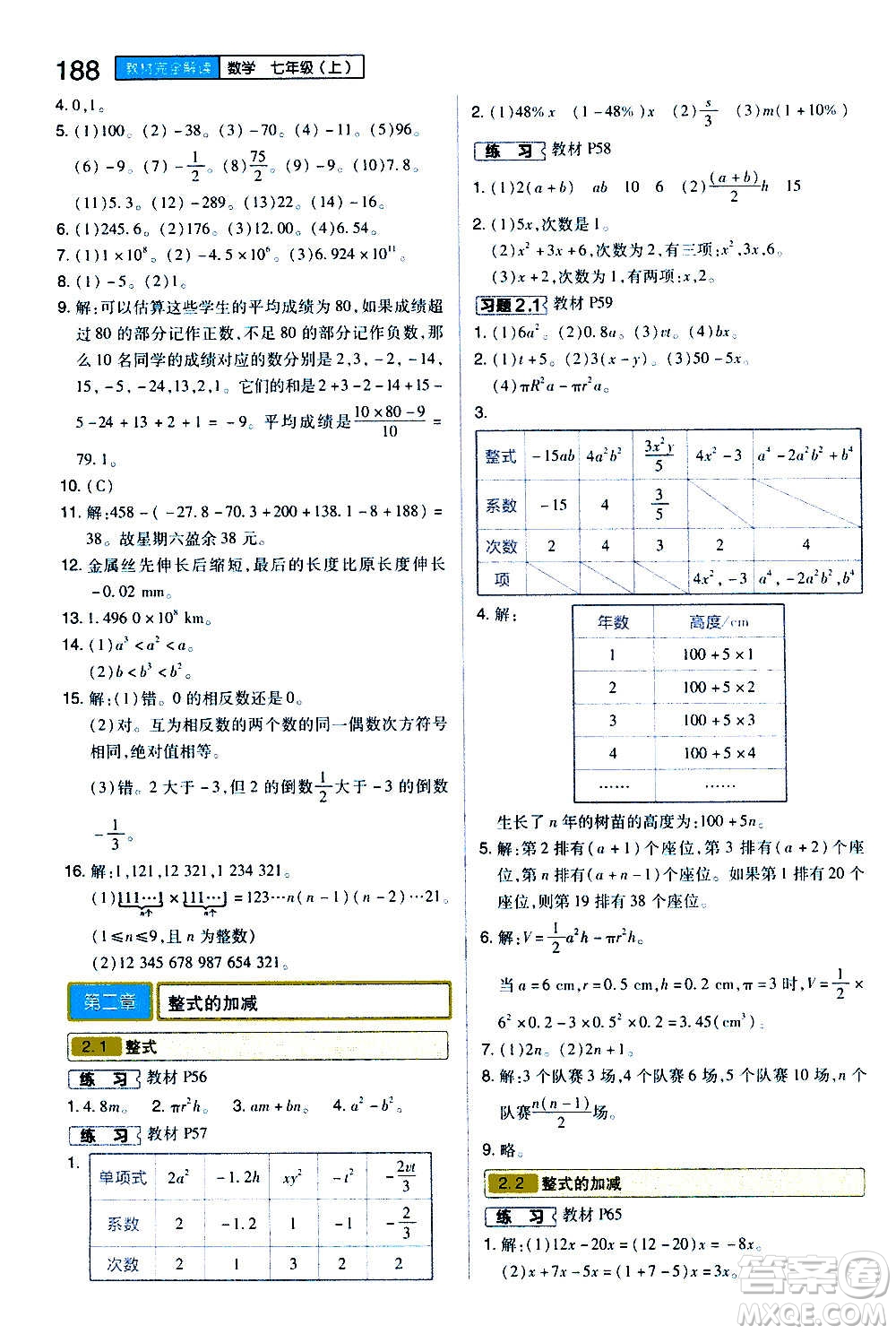 2020秋王后雄初中教材完全解讀七年級(jí)上冊(cè)數(shù)學(xué)RJSX人教版參考答案