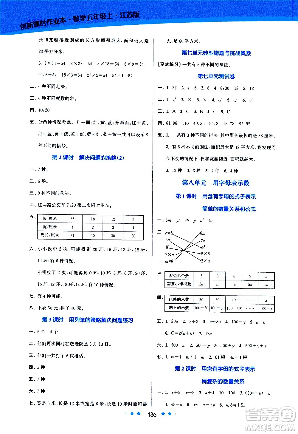 江蘇鳳凰美術(shù)出版社2020創(chuàng)新課時(shí)作業(yè)數(shù)學(xué)五年級(jí)上冊(cè)江蘇版答案