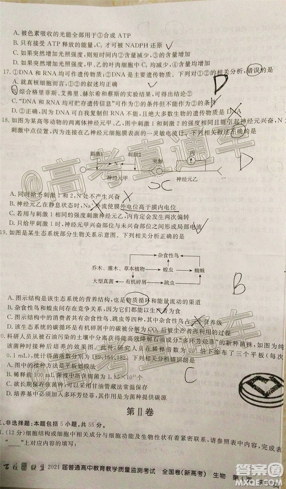 2021屆百校聯(lián)盟12月聯(lián)考全國(guó)卷新高考生物試題及答案