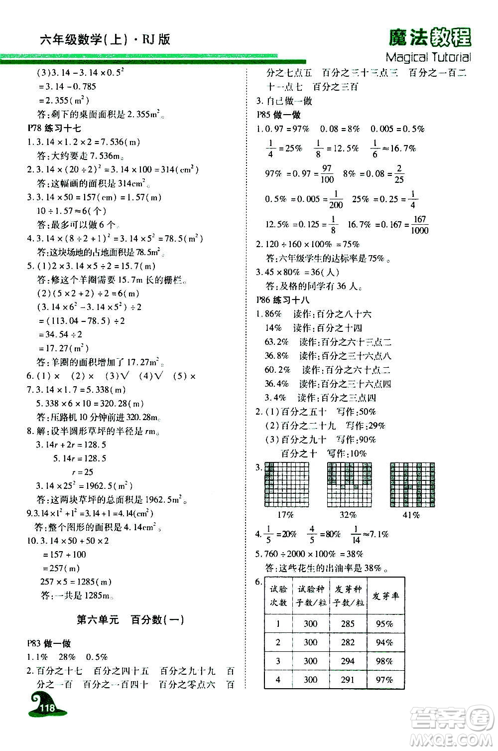 2020魔法教程數(shù)學六年級上冊RJ人教版精解版答案