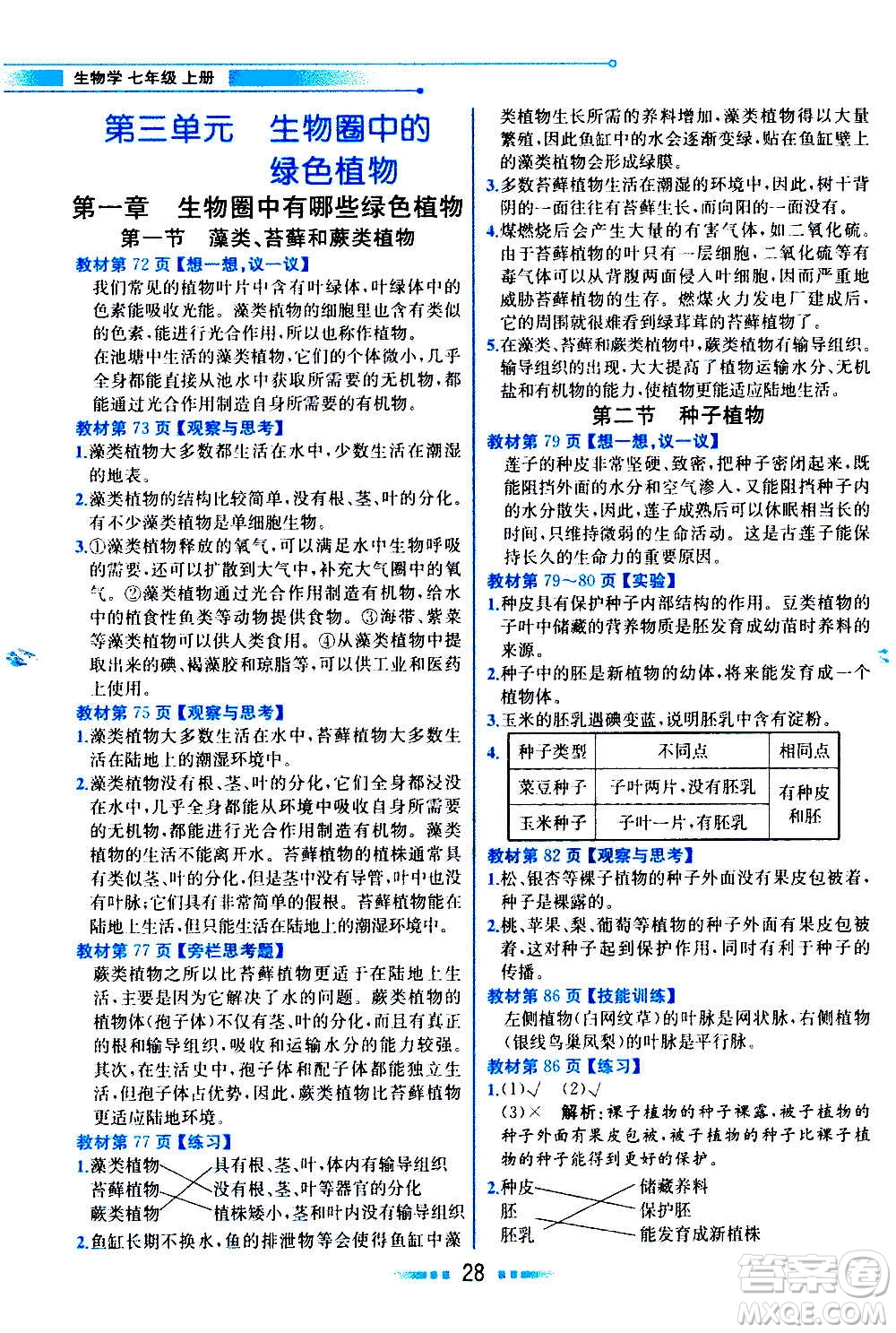 人民教育出版社2020教材解讀生物學(xué)七年級(jí)上冊(cè)人教版答案