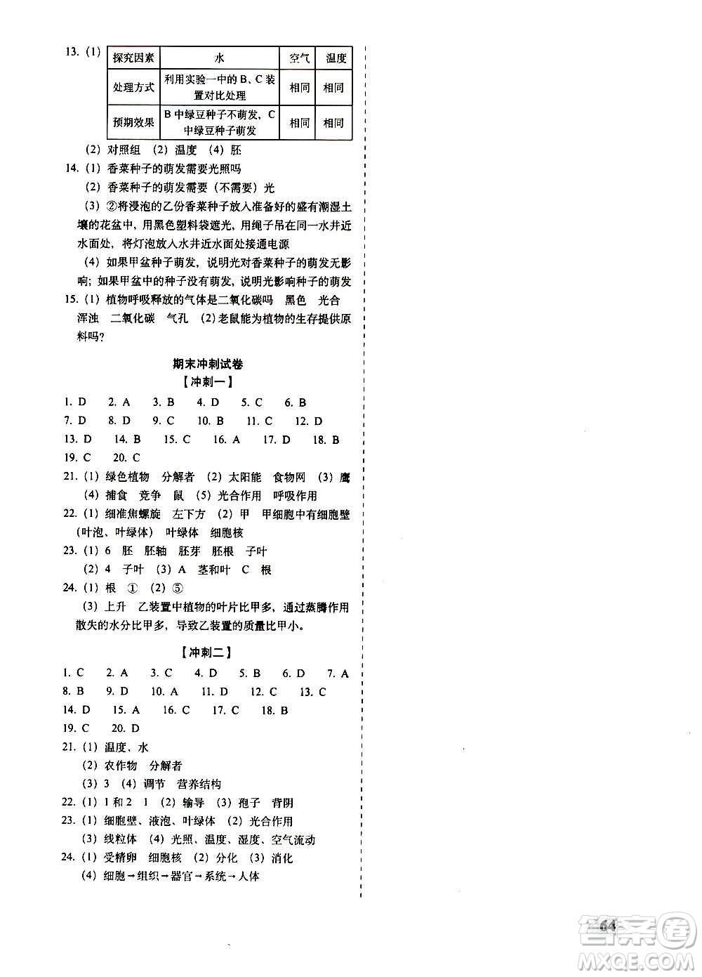 2020秋聚能闖關(guān)100分期末復習沖刺卷七年級上冊生物人教版答案