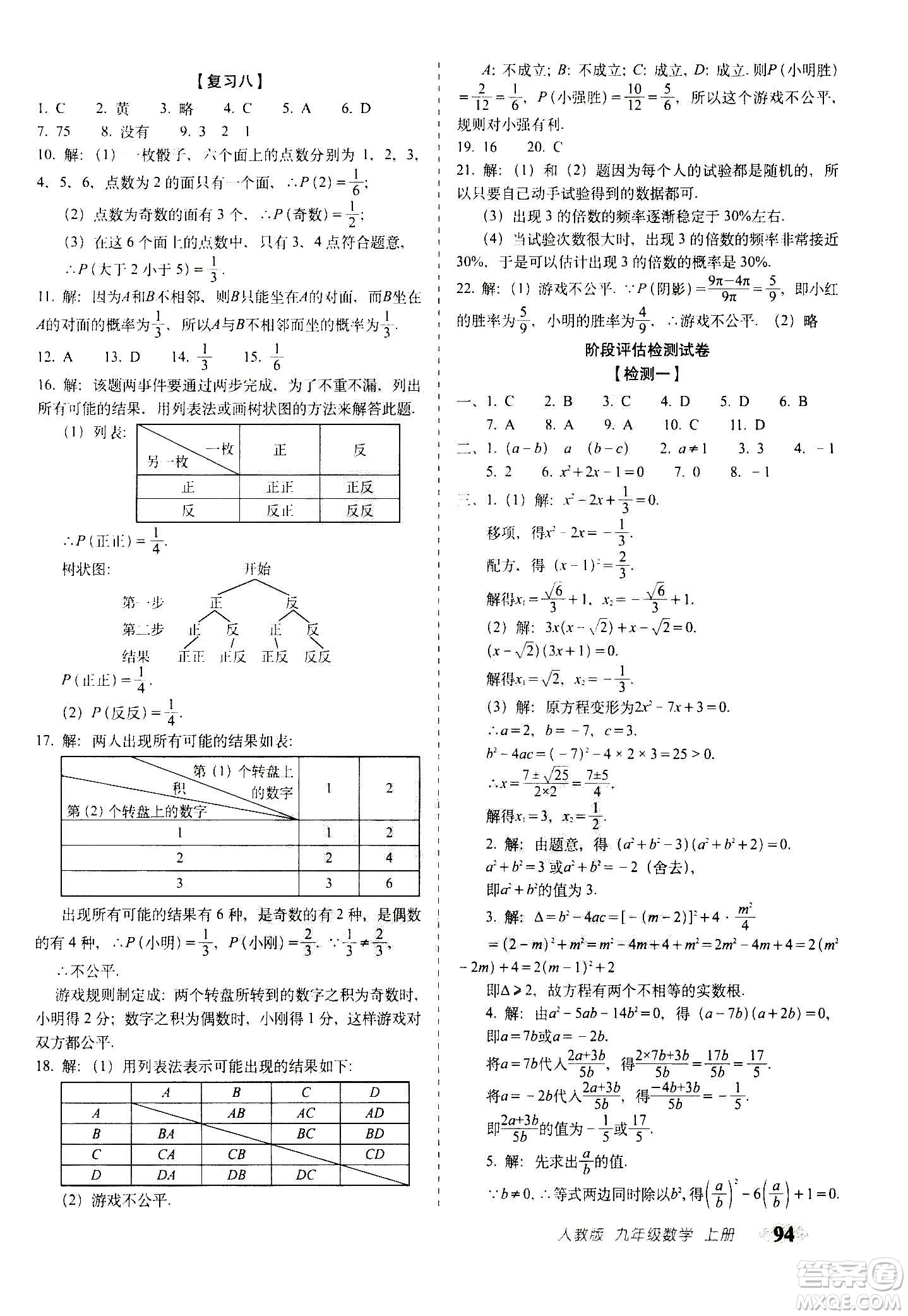 2020秋聚能闖關(guān)100分期末復(fù)習(xí)沖刺卷九年級(jí)上冊(cè)數(shù)學(xué)人教版答案