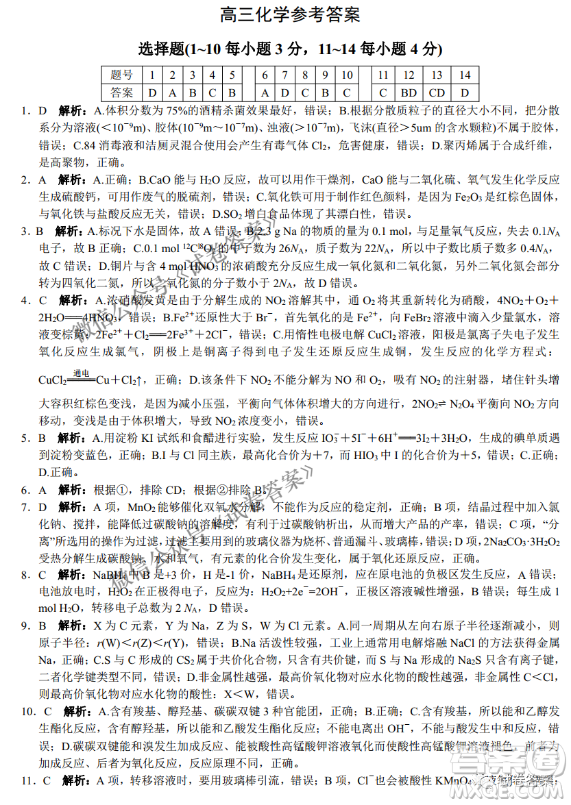 三湘名校教育聯(lián)盟2021屆高三第二次大聯(lián)考化學(xué)試題及答案