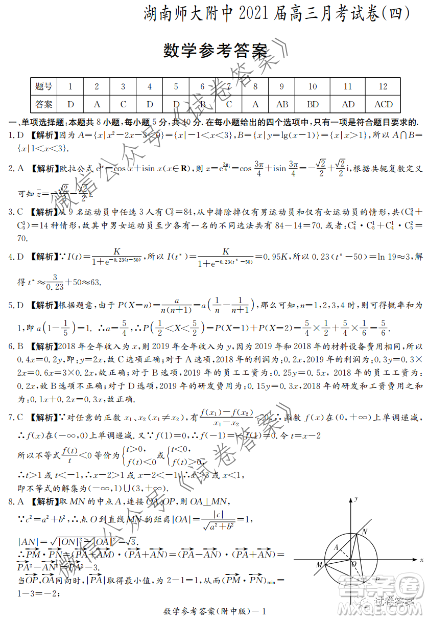 湖南師大附中2021屆高三月考試卷四數(shù)學(xué)試題及答案