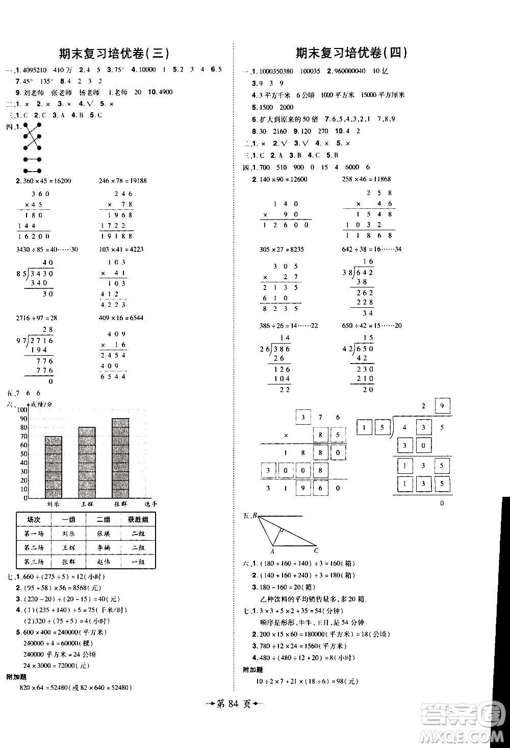 2020魔力一卷通小學(xué)期末沖刺100分?jǐn)?shù)學(xué)四年級(jí)上冊(cè)RJ人教版答案