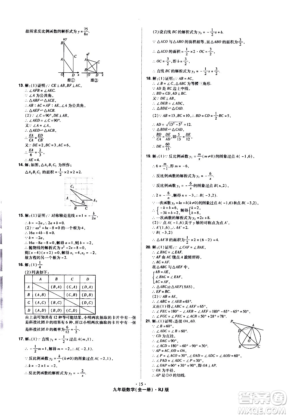 2020魔力一卷通數(shù)學(xué)九年級全一冊RJ人教版答案