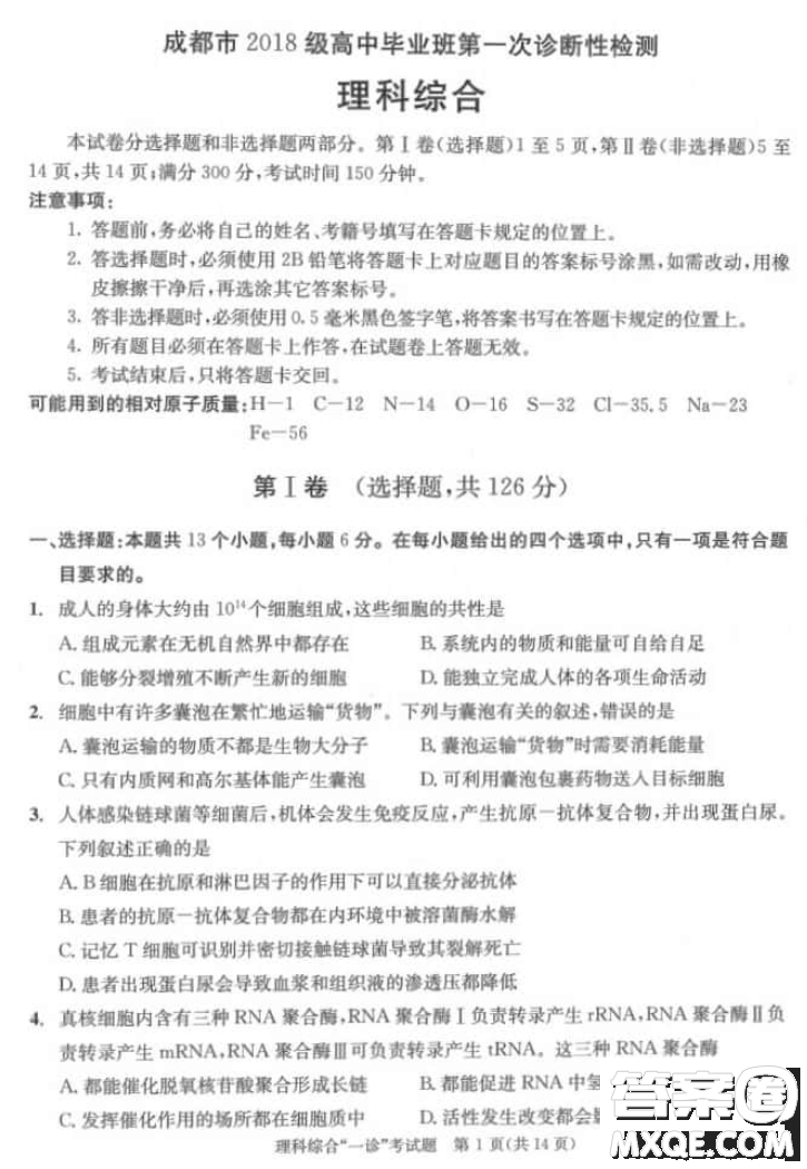 成都市2018級高中畢業(yè)班第一次診斷性檢測理科綜合試題及答案