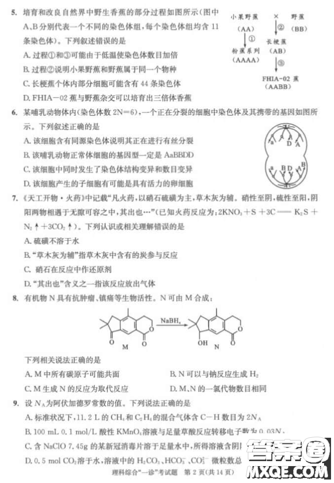 成都市2018級高中畢業(yè)班第一次診斷性檢測理科綜合試題及答案