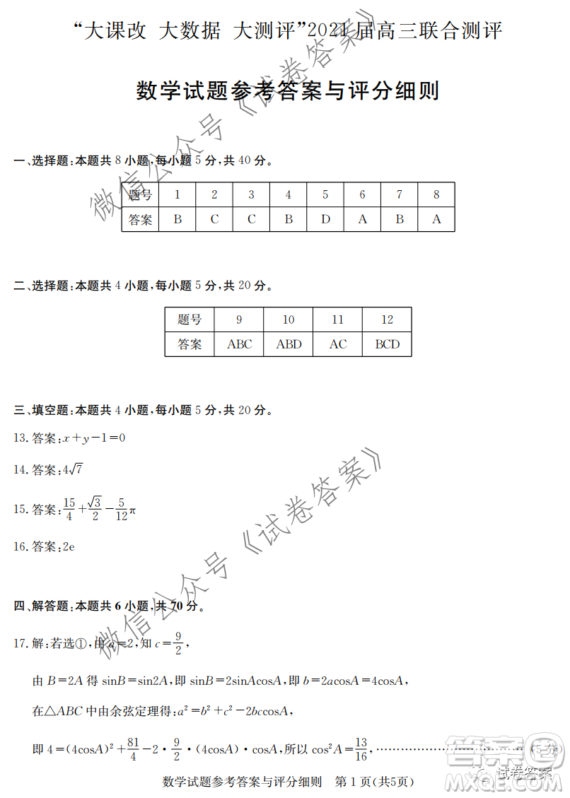 大課改大數(shù)據(jù)大測評2021屆高三聯(lián)合測評數(shù)學試題及答案