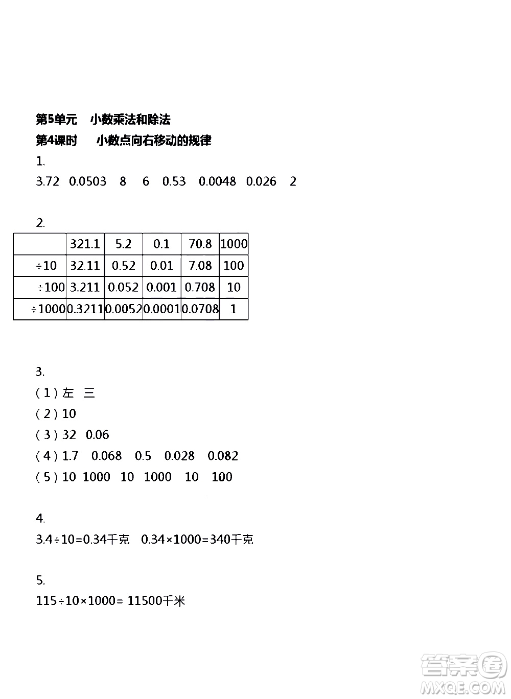 江蘇人民出版社2020伴你學數(shù)學五年級上冊蘇教版答案