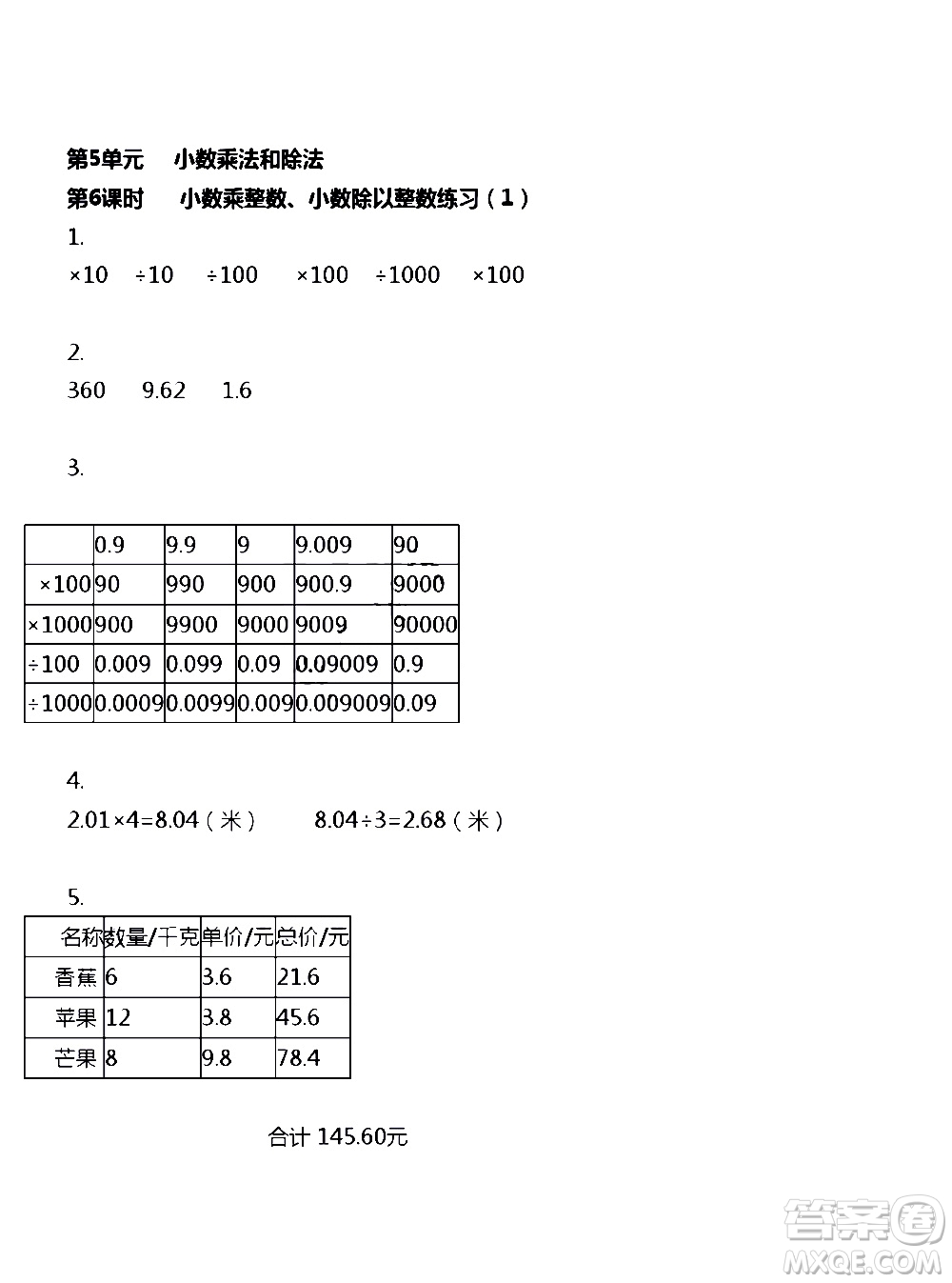 江蘇人民出版社2020伴你學數(shù)學五年級上冊蘇教版答案