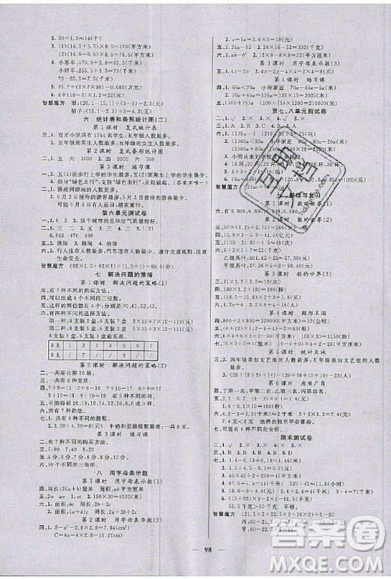 2020年智慧樹(shù)同步講練測(cè)數(shù)學(xué)五年級(jí)上冊(cè)蘇教版參考答案