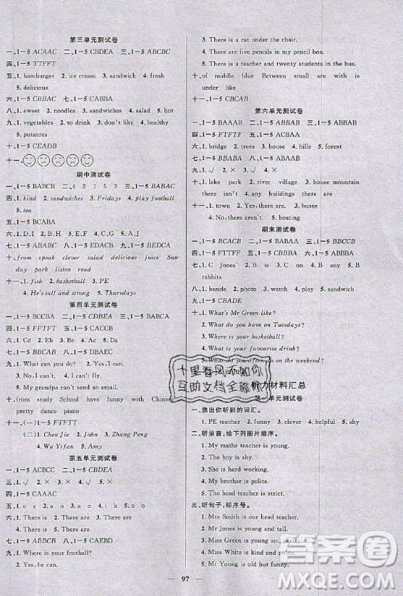 2020年智慧樹(shù)同步講練測(cè)英語(yǔ)五年級(jí)上冊(cè)PEP人教版參考答案