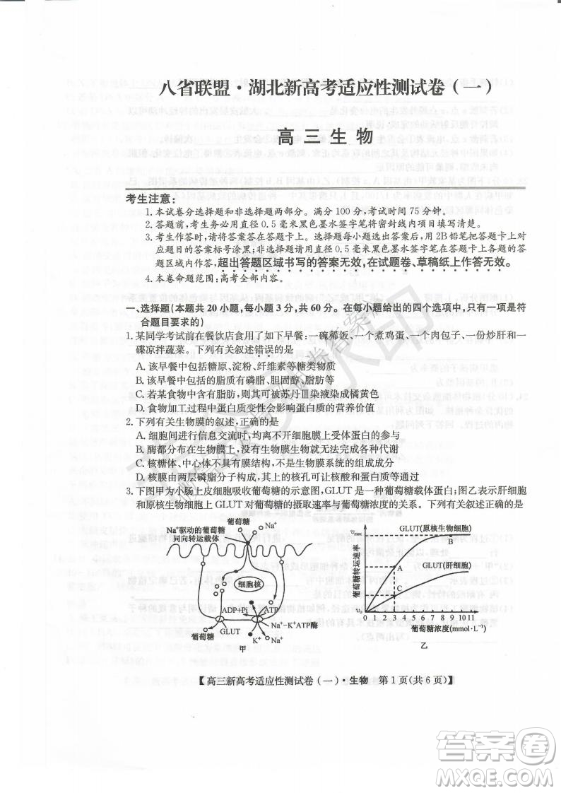 2021屆八省聯(lián)盟湖北新高考適應(yīng)性測(cè)試卷一生物試題及答案