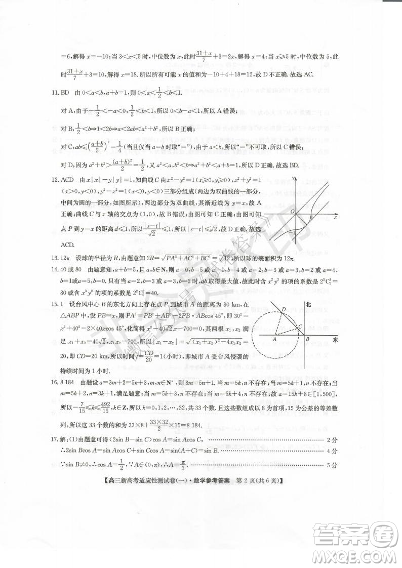 2021屆八省聯(lián)盟湖北新高考適應(yīng)性測(cè)試卷一數(shù)學(xué)試題及答案