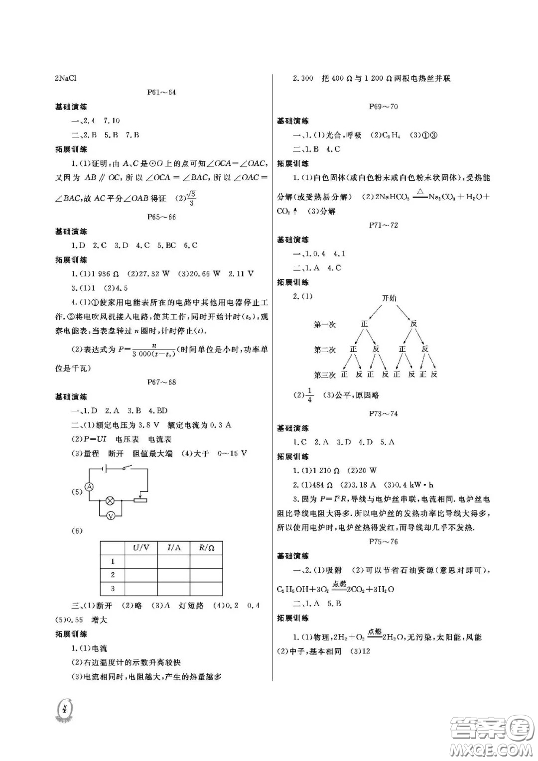 大連理工大學出版社2021假期伙伴寒假作業(yè)九年級理科綜合北師大版答案