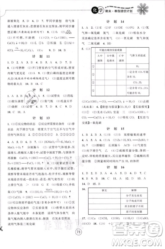 南京大學(xué)出版社2021期末寒假提優(yōu)計劃化學(xué)九年級人教版答案