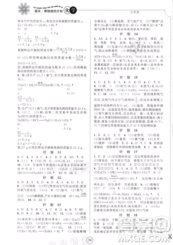 南京大學(xué)出版社2021期末寒假提優(yōu)計劃化學(xué)九年級滬教版答案