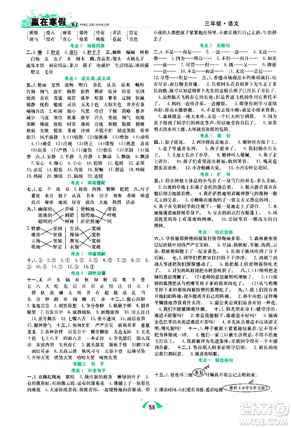 合肥工業(yè)大學(xué)出版社2021贏在寒假期末闖關(guān)三年級語文RJ人教版答案