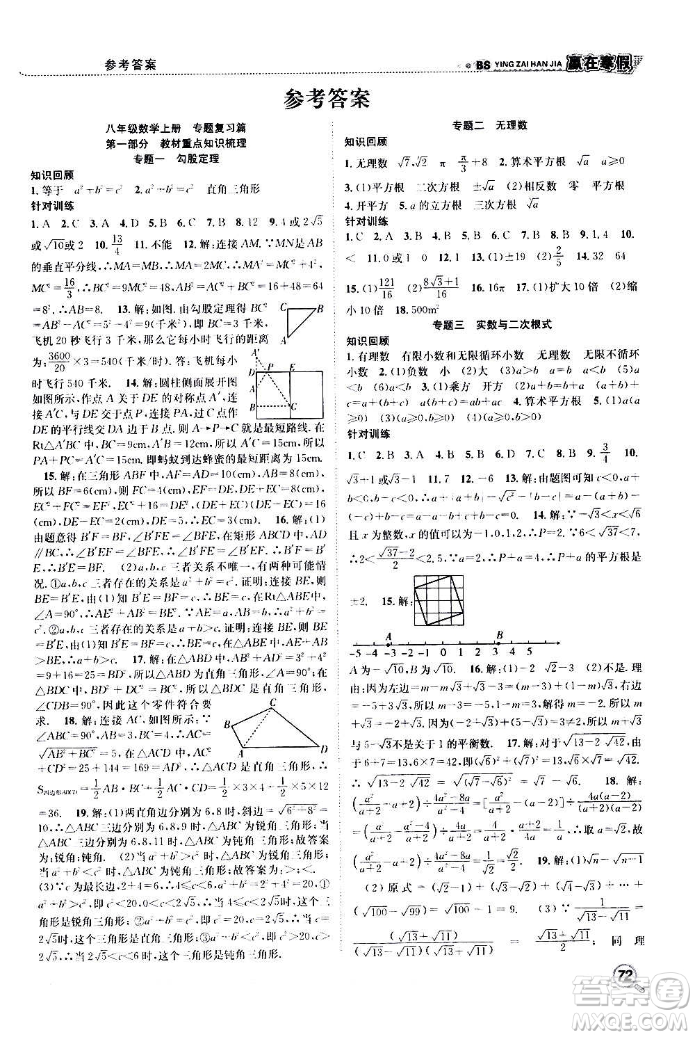 合肥工業(yè)大學(xué)出版社2021寒假學(xué)期總復(fù)習(xí)贏在寒假銜接教材八年級(jí)數(shù)學(xué)BS北師版答案