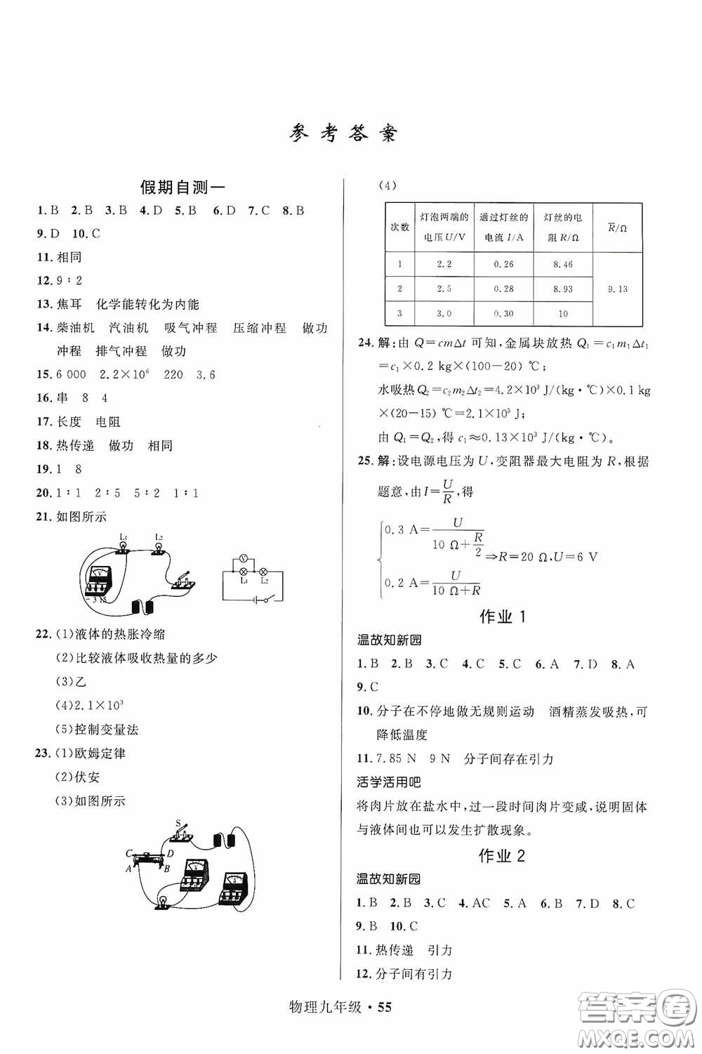 河北少年兒童出版社2021贏在起跑線上中學生快樂寒假九年級物理人教版答案