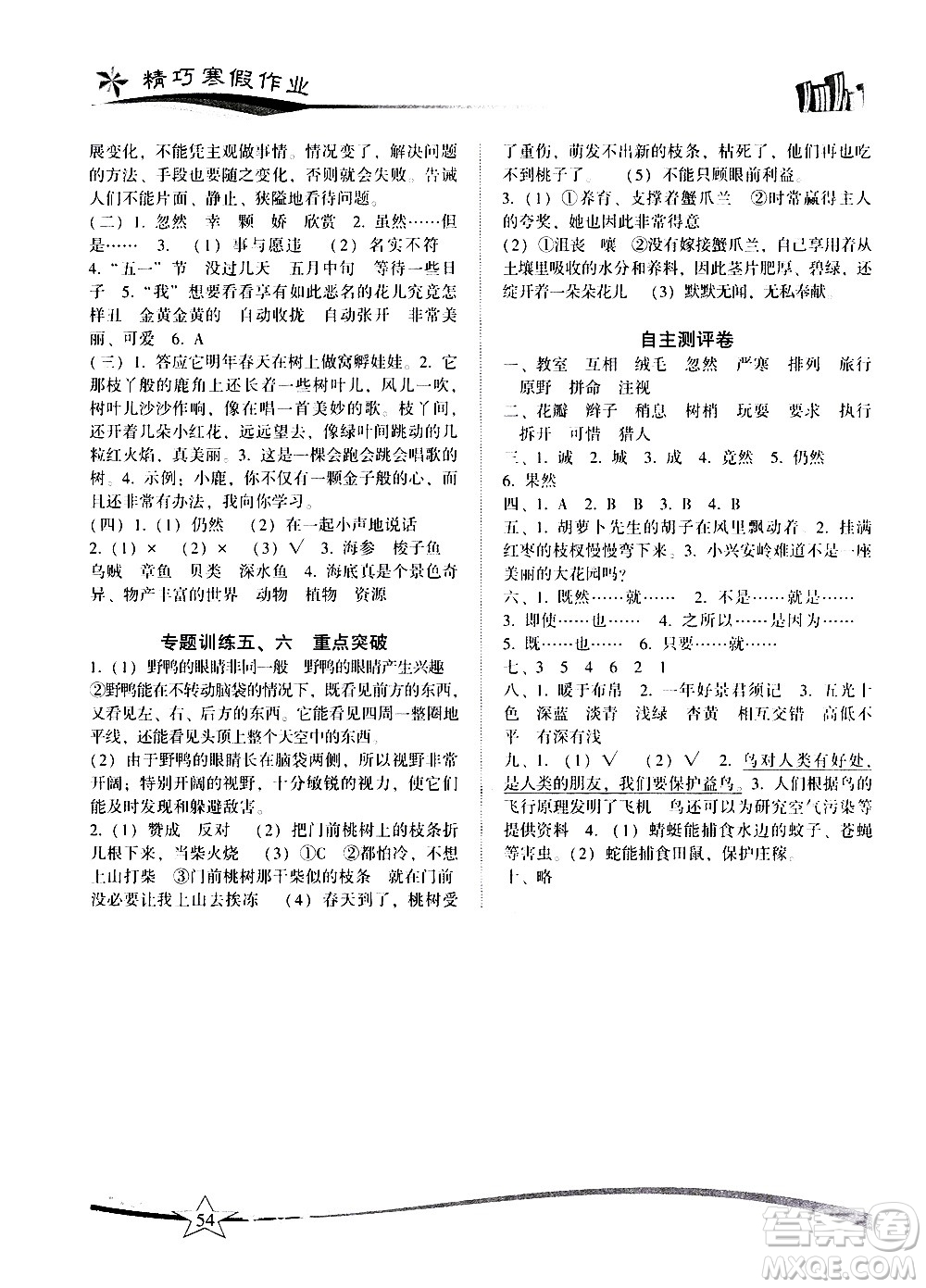 云南美術(shù)出版社2021精巧寒假作業(yè)語文三年級RJ人教版答案