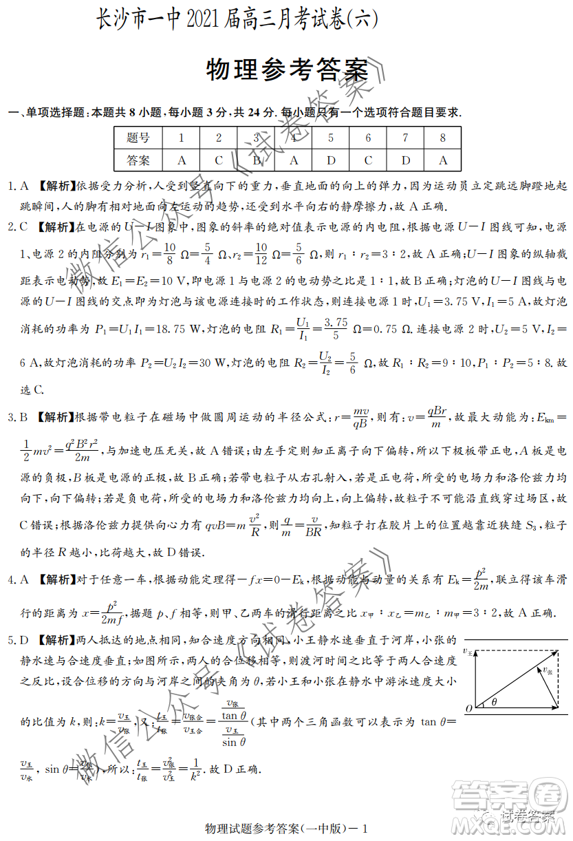 炎德英才大聯(lián)考長(zhǎng)沙市一中2021屆高三月考試卷六物理試題及答案