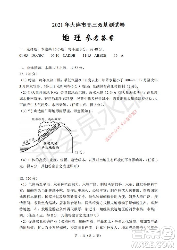 2021年大連市高三雙基測試卷地理試題及答案