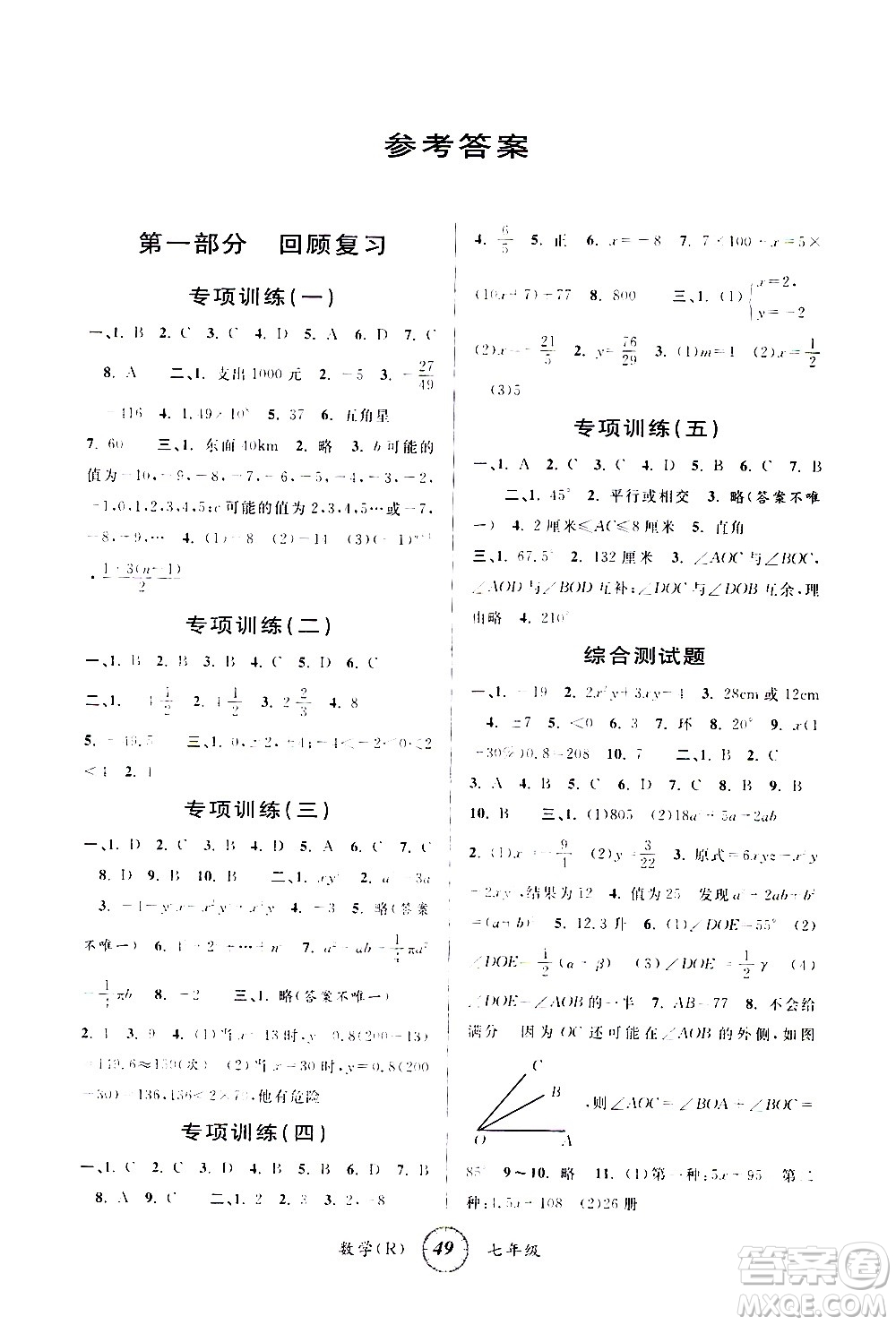 安徽人民出版社2021年第三學(xué)期寒假銜接七年級(jí)數(shù)學(xué)R人教版答案