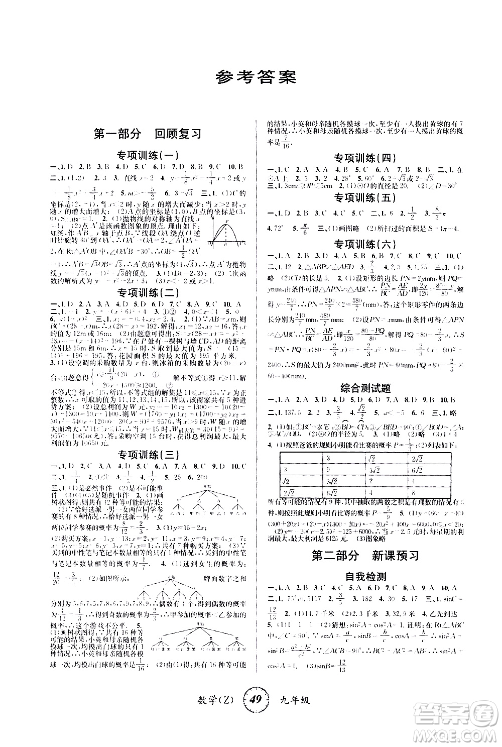 安徽人民出版社2021年第三學期寒假銜接九年級數(shù)學Z浙教版答案